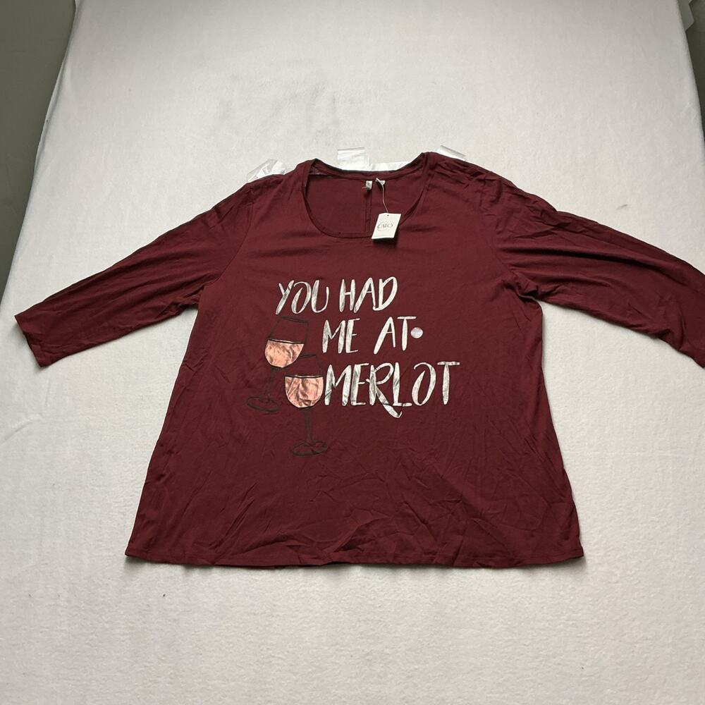 Cato Womens 3/4 Sleeve Burgundy You Had Me At Merlot Tee Sz 18/20W. NWT, 4155